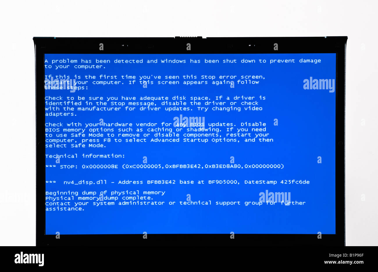 A computer monitor showing the 'Blue Screen of Death' stop error Stock  Photo - Alamy