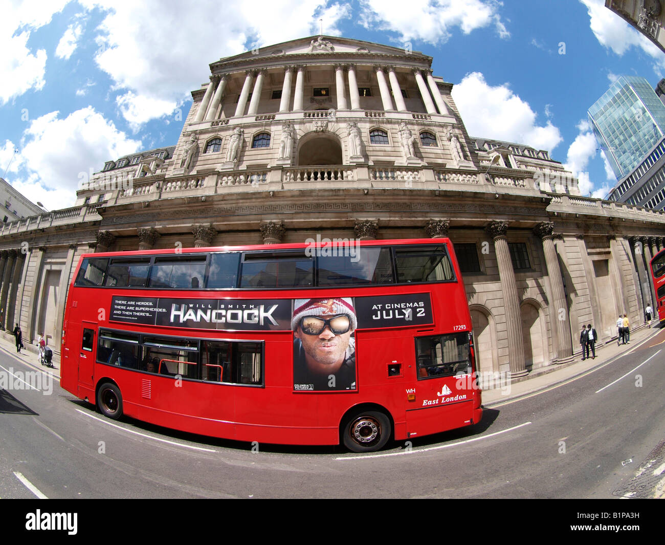 Red London Bus by the Bank of England Stock Photo