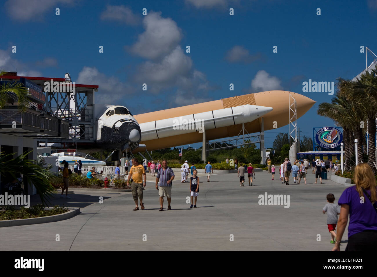 Space Shuttle, External Tank and Rocket Boosters Display at the John F Kennedy Space Center in Cape Canaveral Florida Stock Photo
