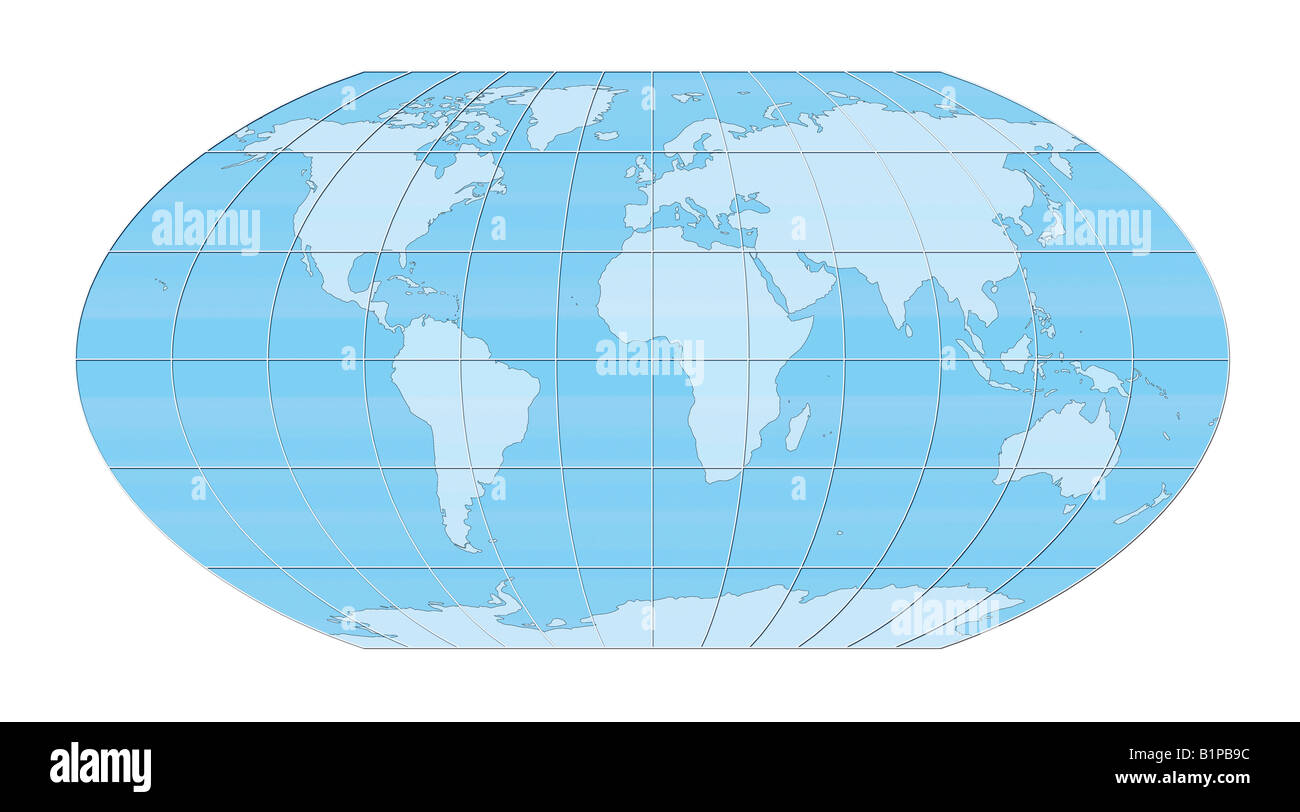 Blue world map projection against white background. Stock Photo