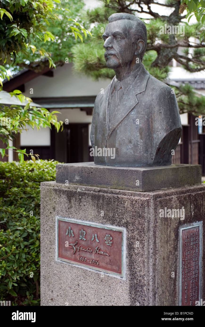 Bust statue of Lafcadio Hearn also known as Koizumi Yakumo near his house in Matsue Japan Stock Photo