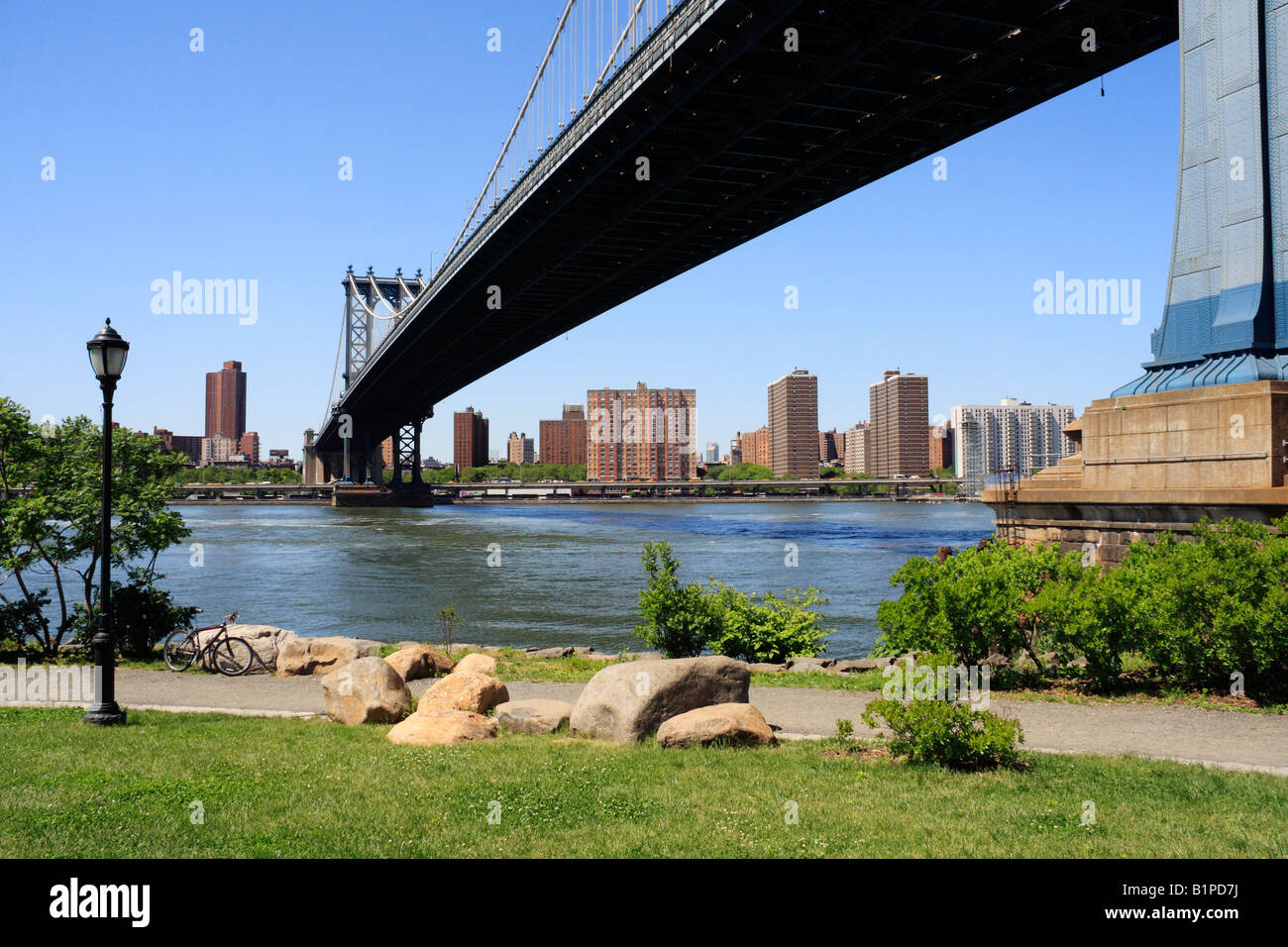 Manhattan bridge perspective from Brooklyn - New York City, USA Stock Photo