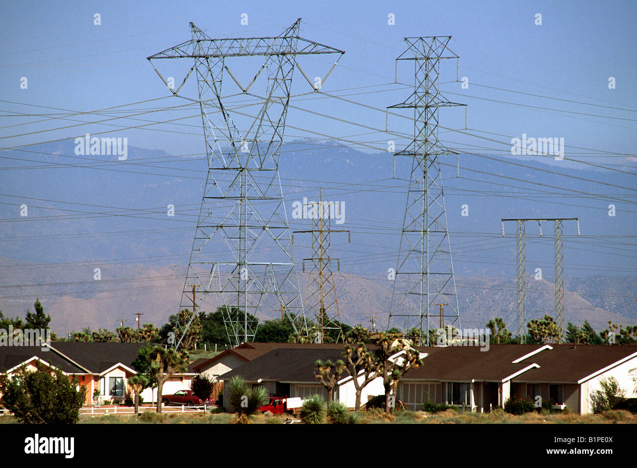 High tension power lines over a residential neighborhood, Victorville