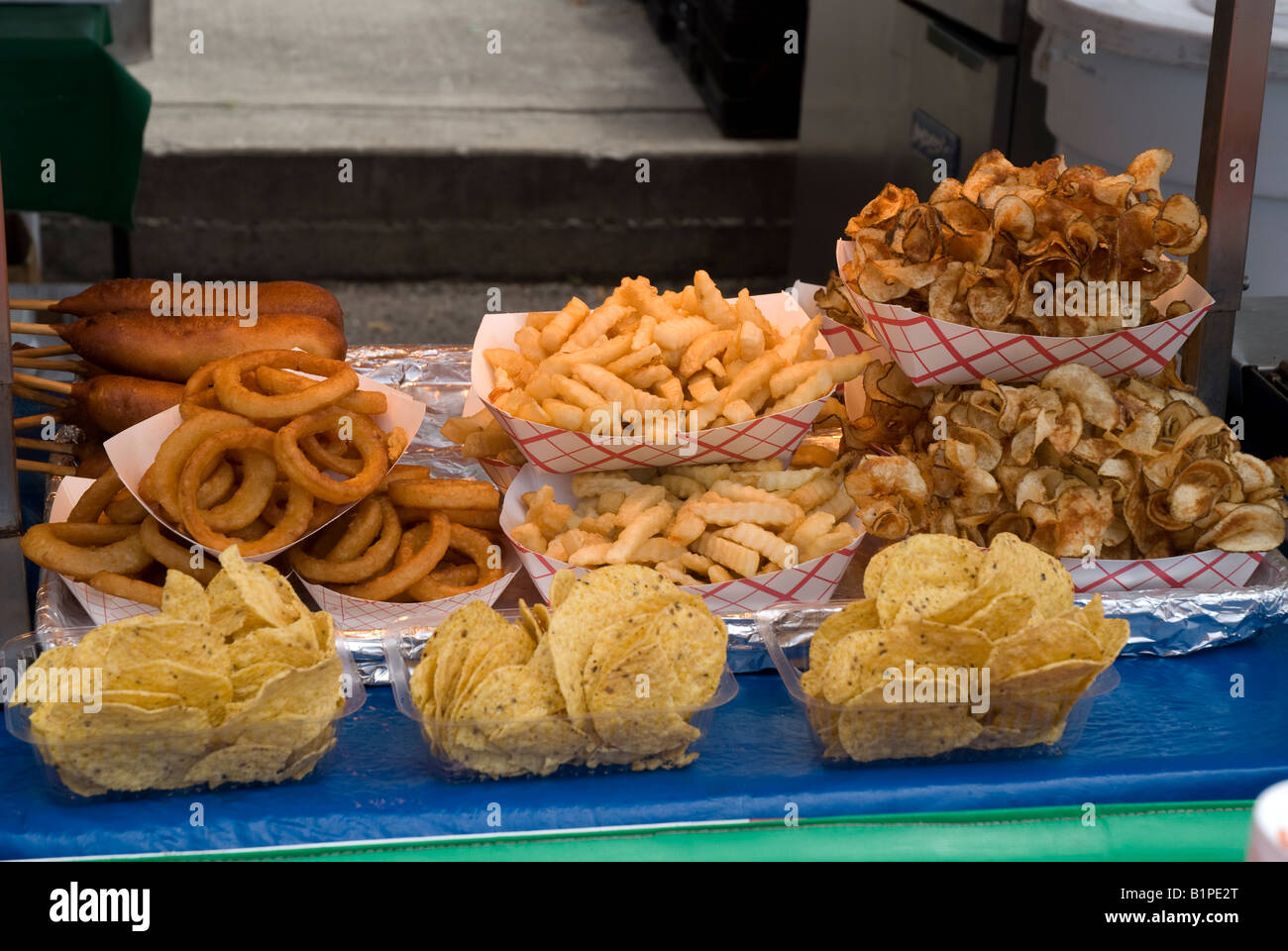 onion rings,corn dogs,french fries,curly fries and chips at Festival