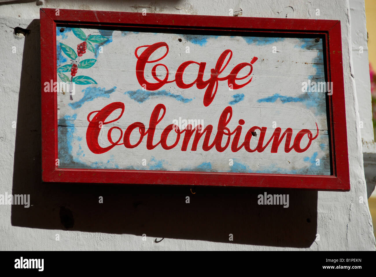 Cafe Colombiano sign on Plaza de Santo Domingo Cartagena de Indias, Colombia Stock Photo