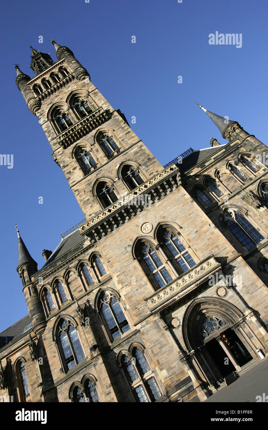 City of Glasgow, Scotland. Angled view of the Gilbert Scott building Gothic Bell Tower at the University of Glasgow. Stock Photo