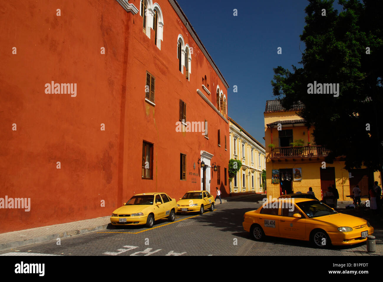 Taxis parking in fron of Saint Claire Convent, Cartagena de Indias, Colombia, Bolivar Department, South America Stock Photo