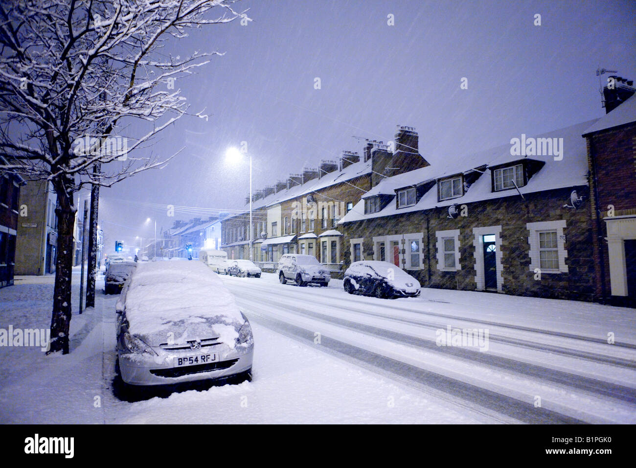 Bloomfield Avenue in the Snow, East Belfast, Northern Ireland Stock Photo