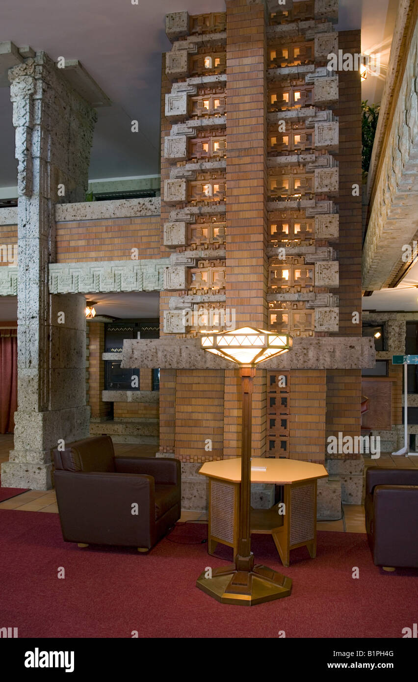 Interior of Frank Lloyd Wright Imperial Hotel as reconstructed at Meijimura historical theme park Stock Photo