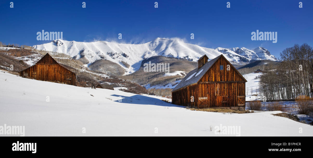 Old wooden buildings near Telluride, Colorado, in the snow. Stock Photo