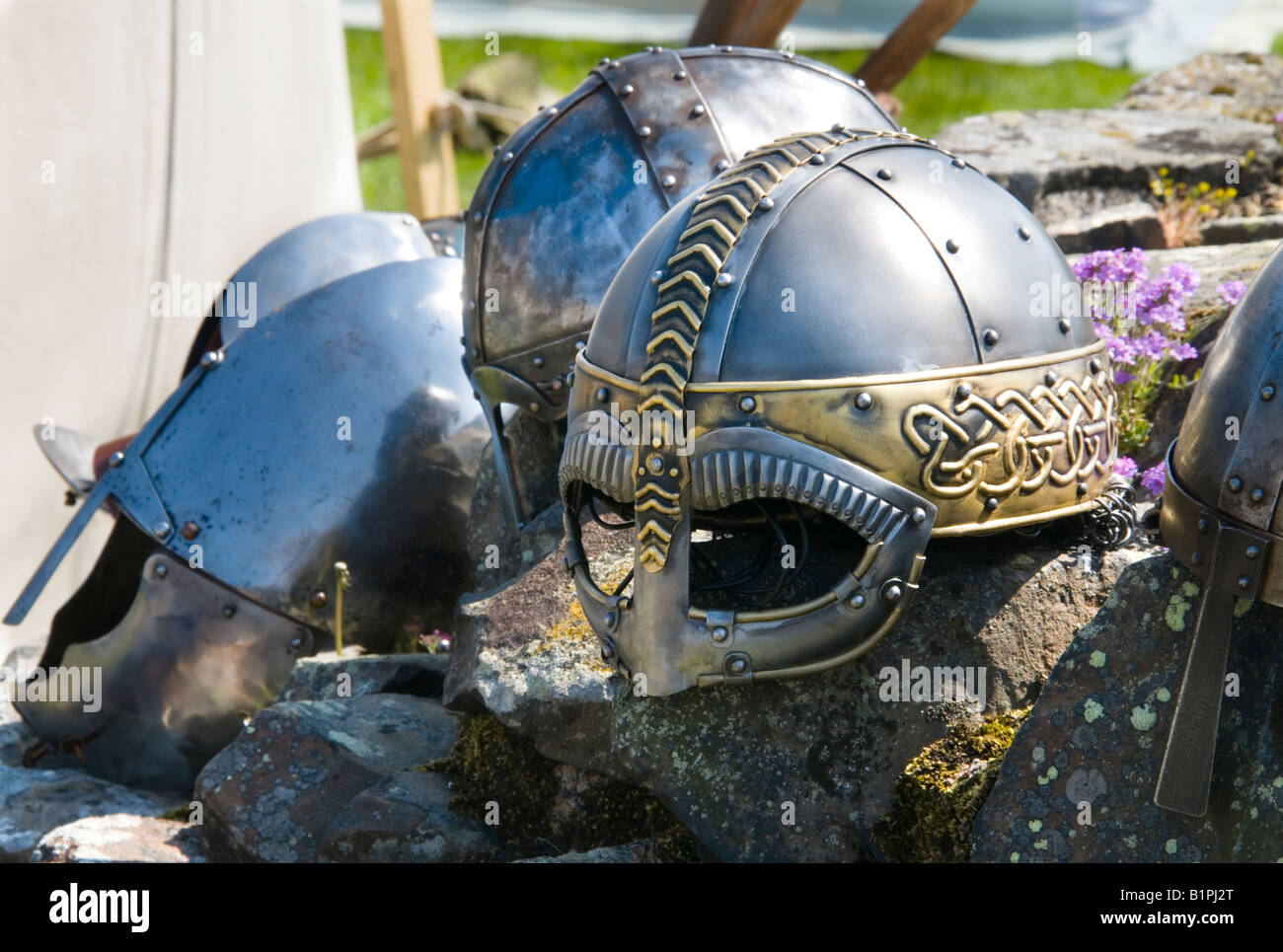 Viking helmets from a re enactment group on Lindisfarne which the real vikings famously invaded in AD794 Stock Photo