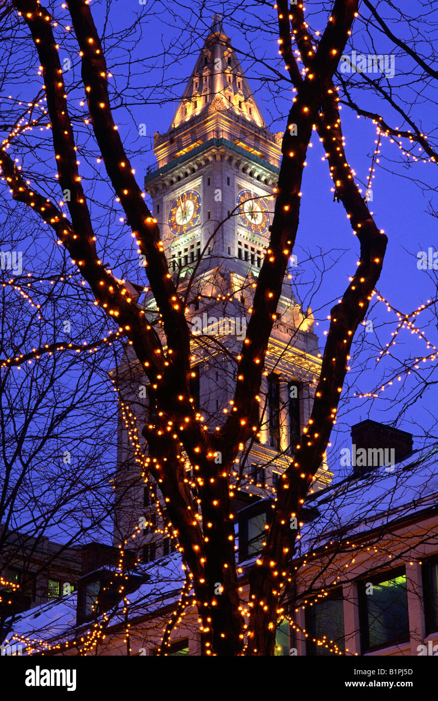 Holiday lights at Quincy Market frame the Custom House Tower in Boston, Massachusetts Stock Photo