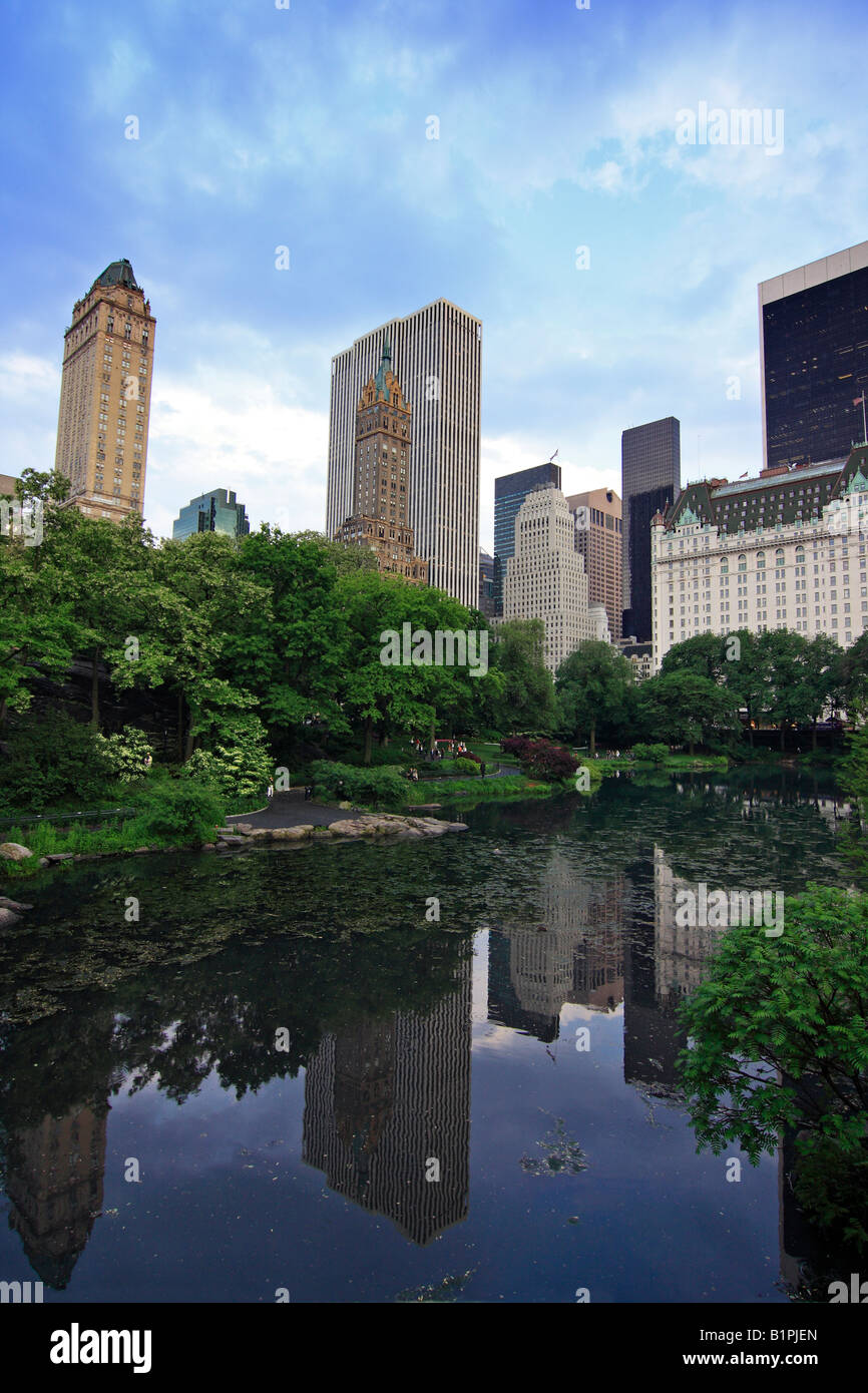 Manhattan buildings reflecting in The Pond - Central Park, New York City, USA Stock Photo