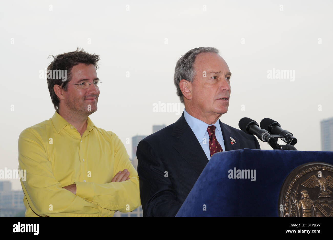 Artist Olafur Eliasson and New York mayor Michael Bloomberg at a press conference for Eliasson's waterfalls in New York City. Stock Photo