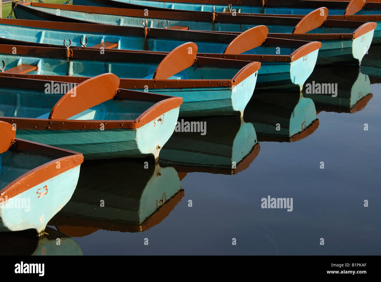 Painted rowing boats reflected in the calm waters of the River Thames
