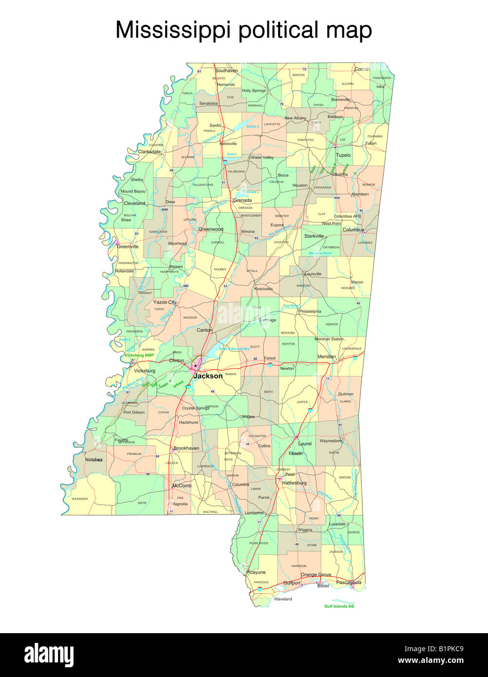Mississippi state political map Stock Photo