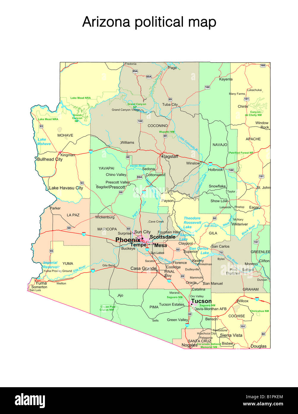 Arizona State Political Map Stock Photo 18323276 Alamy