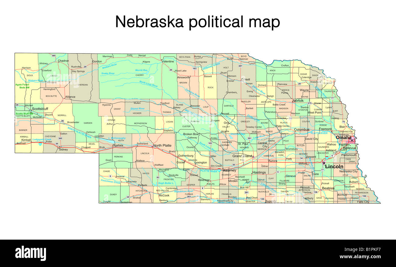Nebraska State Political Map Stock Photo 18323291 Alamy