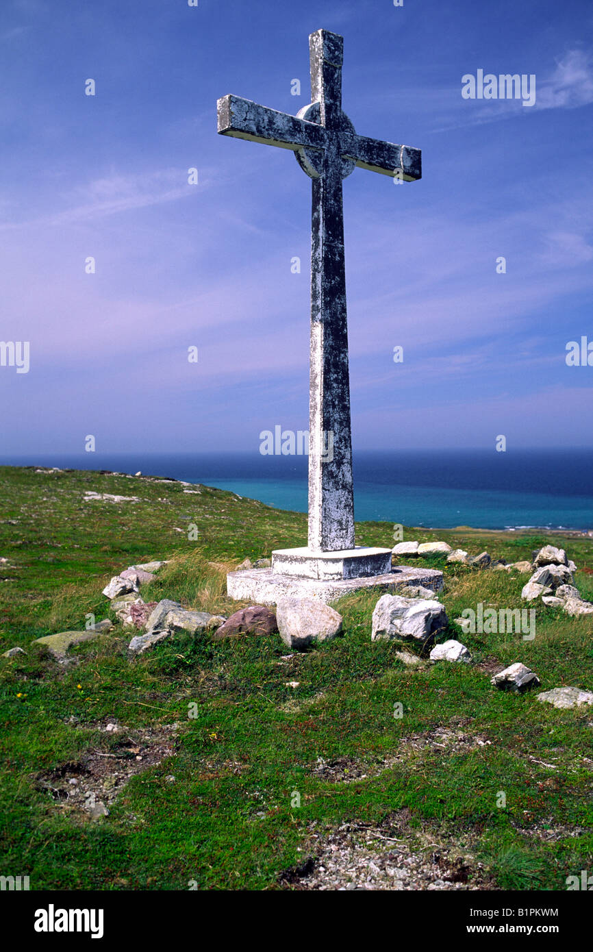 Cross on a hillside on Miquelon Island Stock Photo