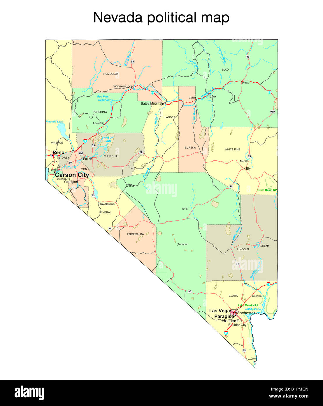Nevada State Political Map Stock Photo 18324117 Alamy
