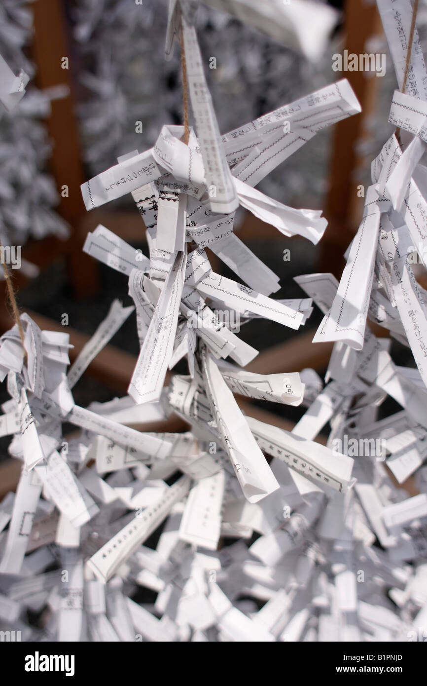 Omikuji -  random fortunes written on strips of paper at Shinto shrines in Japan. Stock Photo