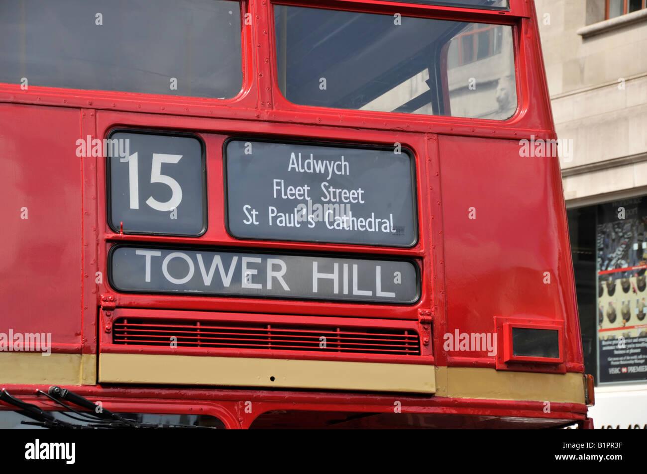 Red Routemaster bus route destination blind on number 15 Heritage service to Tower Hill Stock Photo