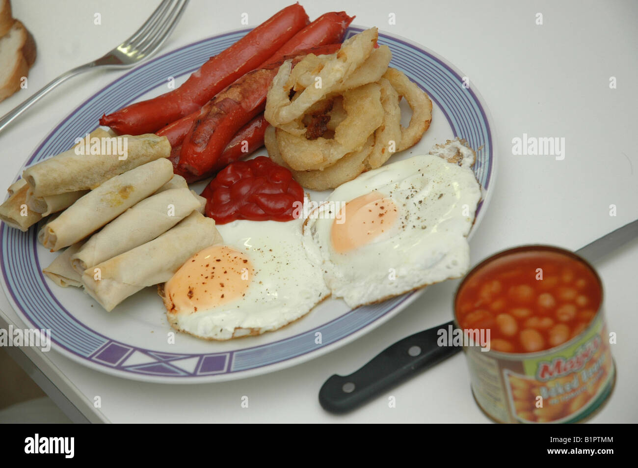 A plate filled with high cholesterol fried food, including spring roles