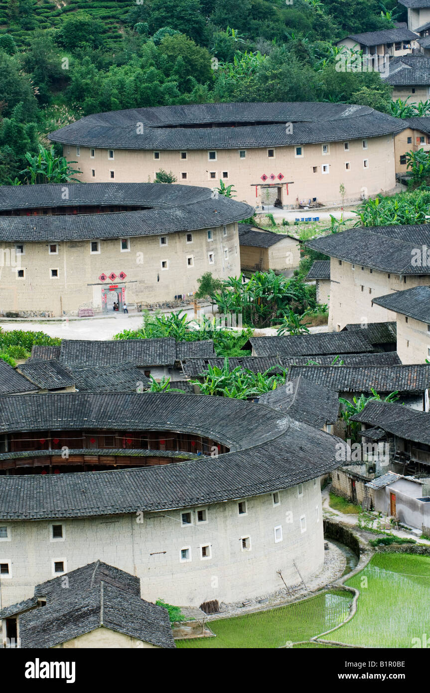China Fujian Province Hakka Tulou round earth buildings on the Unesco World Heritage Site July 2008 Stock Photo