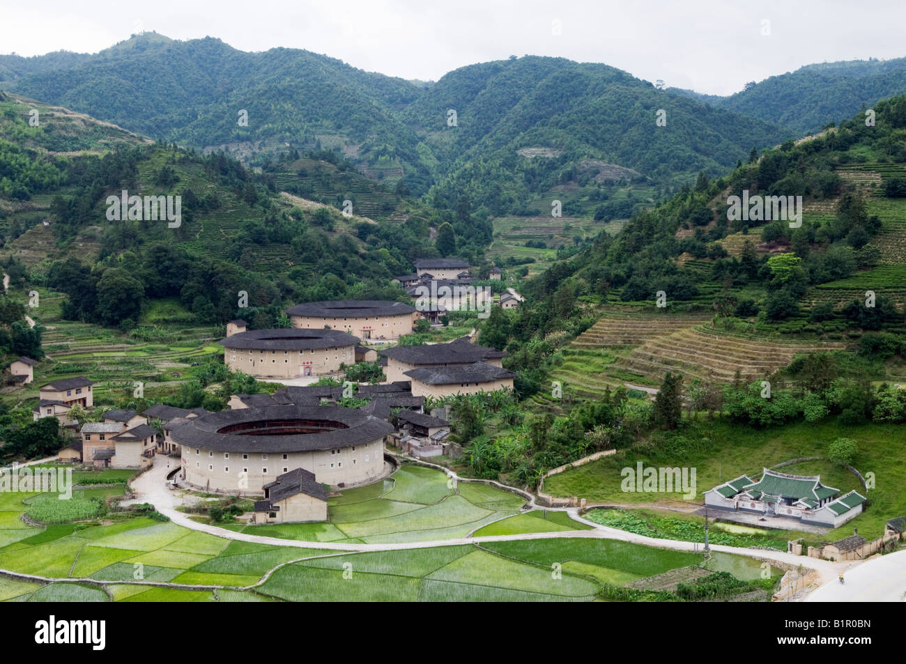 China Fujian Province Hakka Tulou round earth buildings on the Unesco World Heritage Site July 2008 Stock Photo