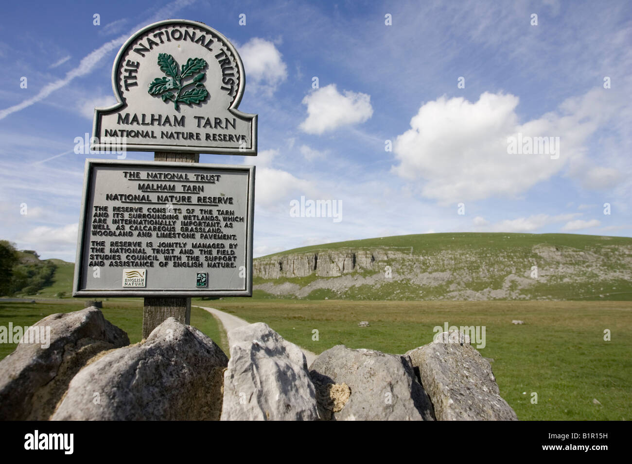 Sign Malham Tarn National Nature Reserve near Settle Yorkshire UK Stock Photo