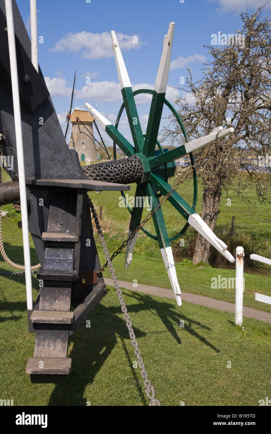 The winding mechanism and pulley chain for turning a windmill into the