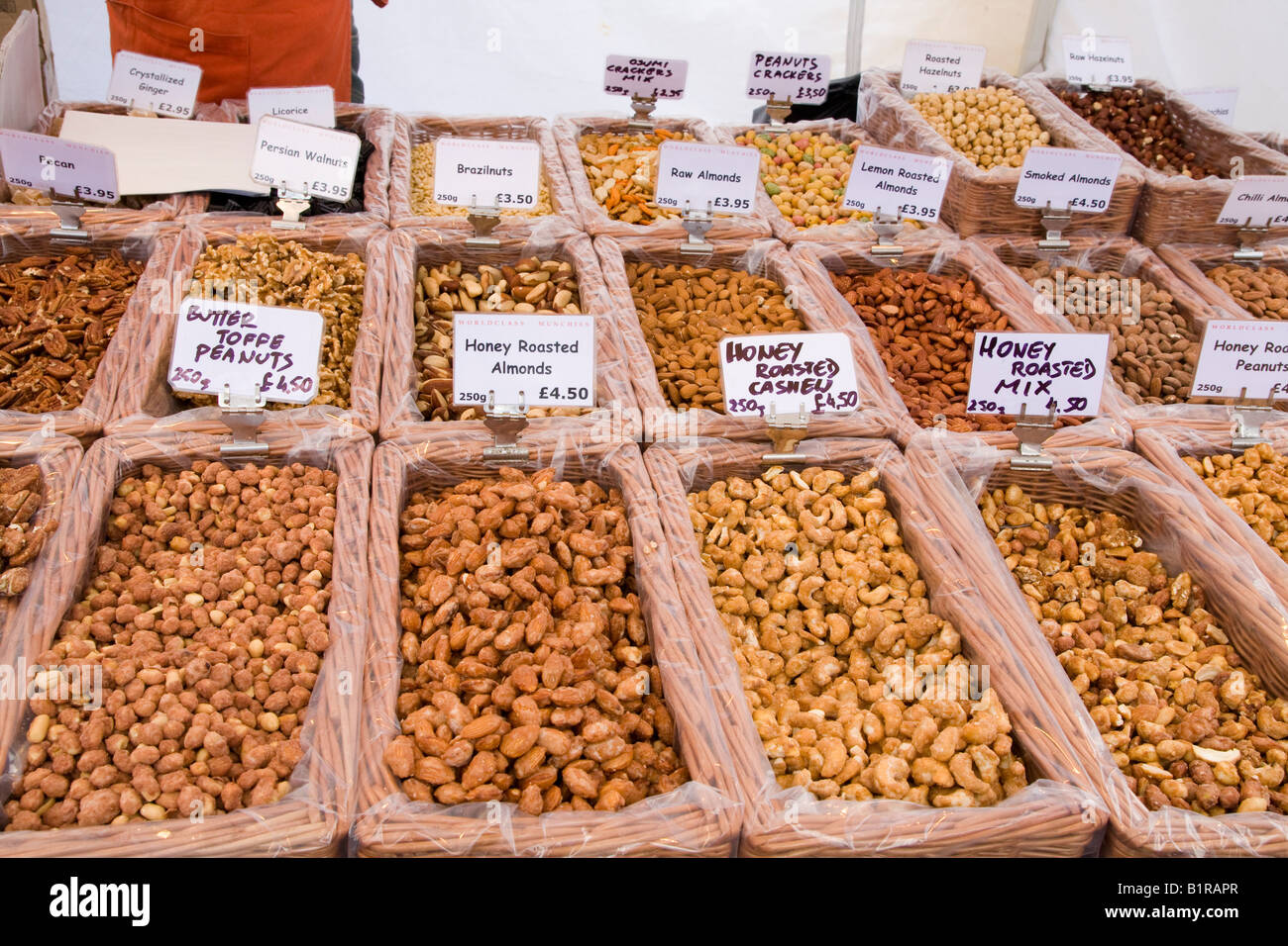 Varieties of nuts for sale on a traders stall at a continental food