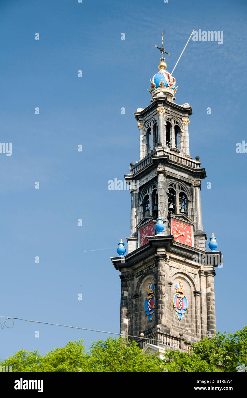 Detail Westerkerk church Amsterdam, Holland on the canal. Stock Photo