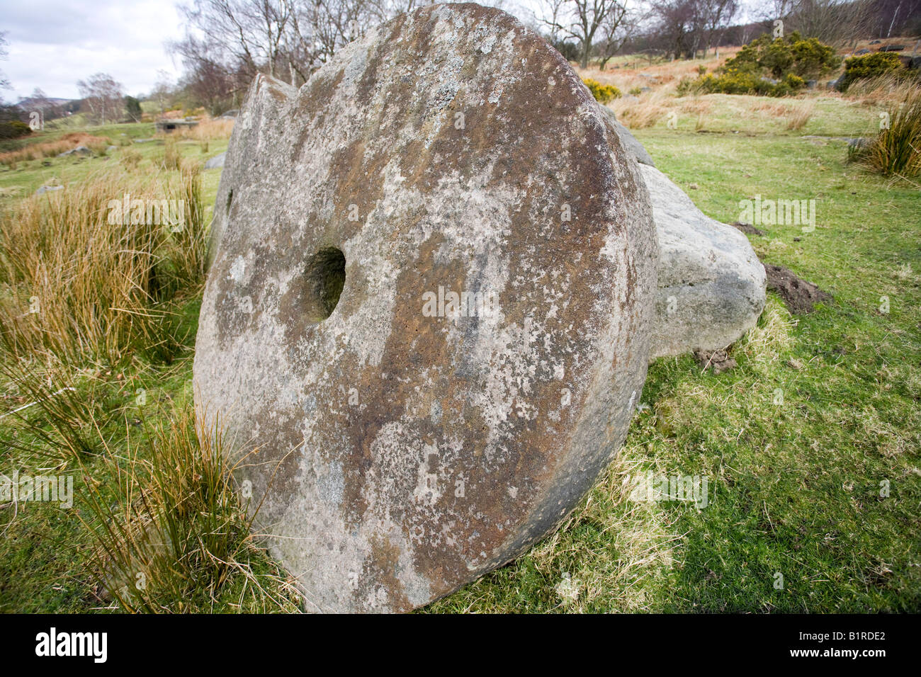 Carved millstones Hathersage, Derbyshire, UK Stock Photo