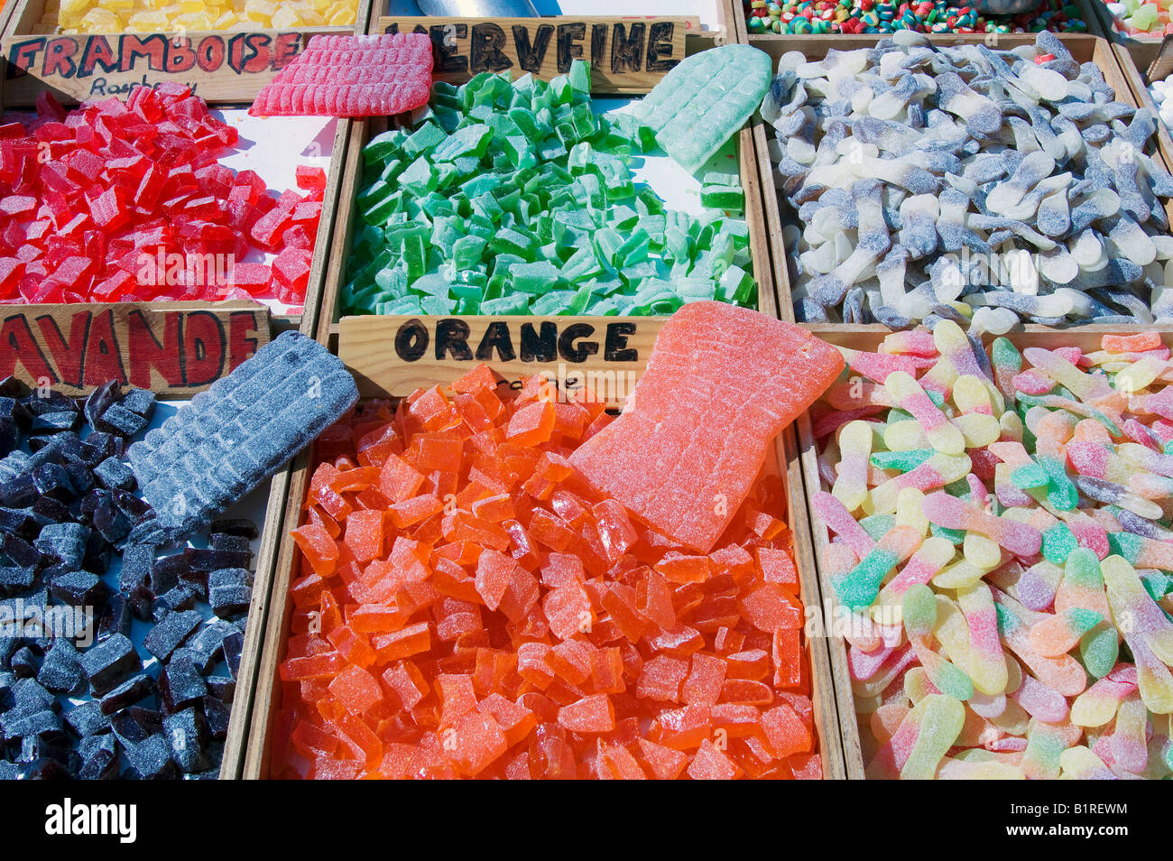 Market stall with different kinds of sweets, Provence, Southern France, France, Europe Stock Photo