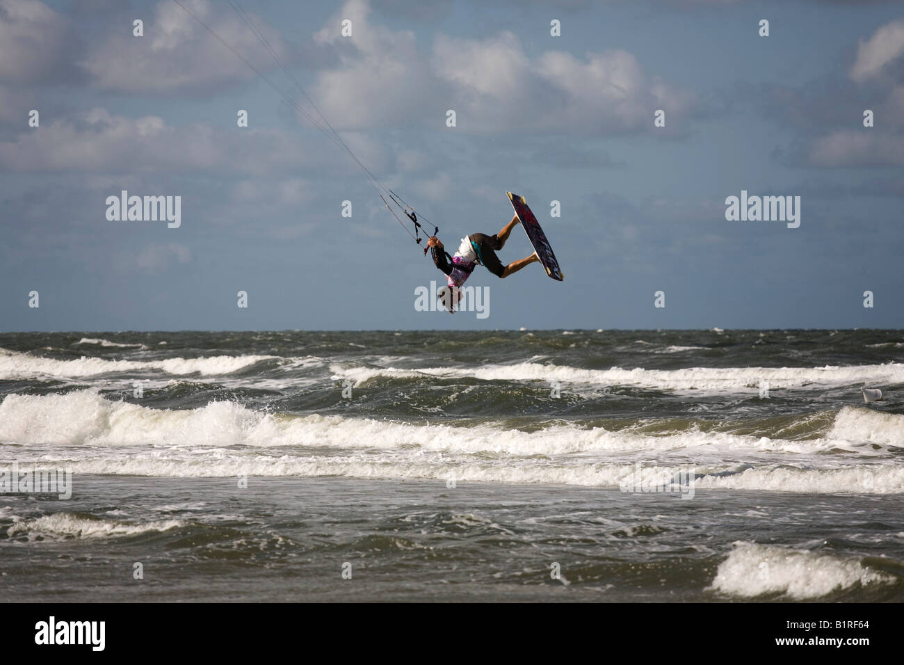 Aaron Hadlow from Great Britain, three-time world champion, achieves second place in the Freestyle section at the Gard Kitesurf Stock Photo