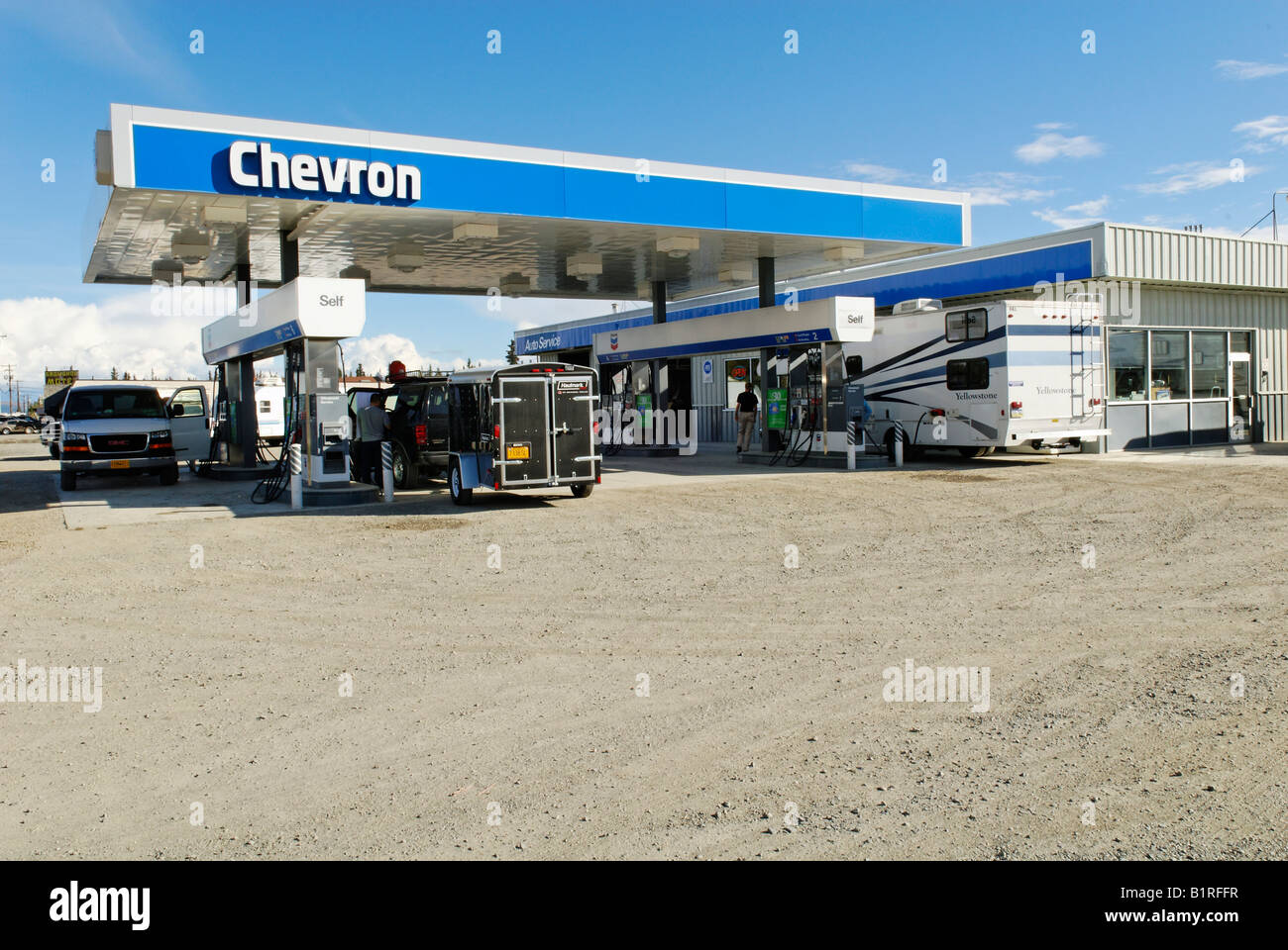 American Chevron gas station in Tok, Alaska Highway, Alaska, USA Stock