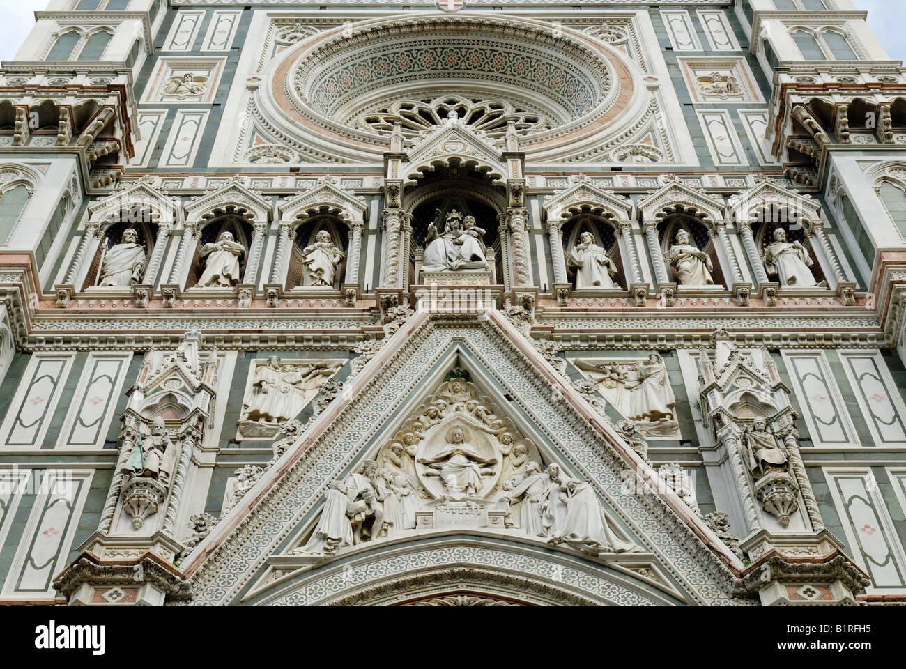 Decorated marble fassade of the cathedral, Duomo Santa Maria del Fiore, UNESCO world heritage site, Florence, Tuscany, Italy, E Stock Photo