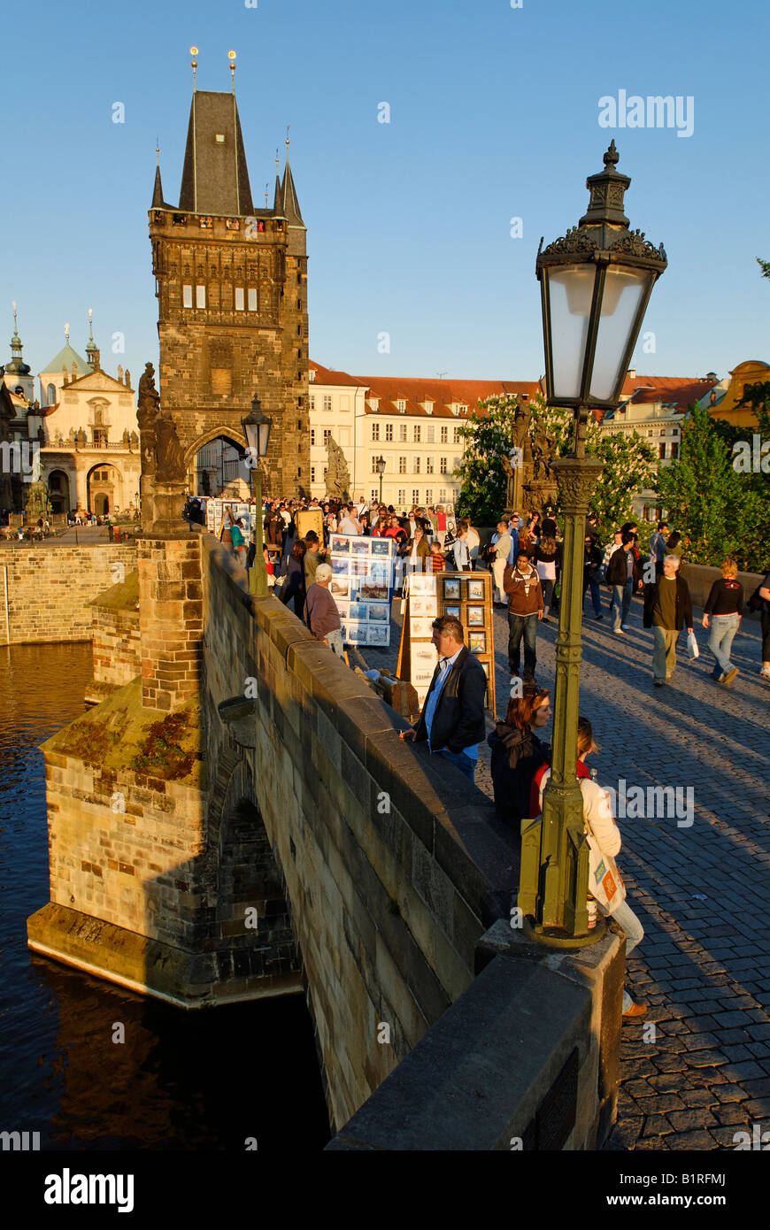 Charles Bridge and the historic Old Town Bridge Tower on the Vltava River, UNESCO World Heritage Site, Prague, Czech Republic,  Stock Photo