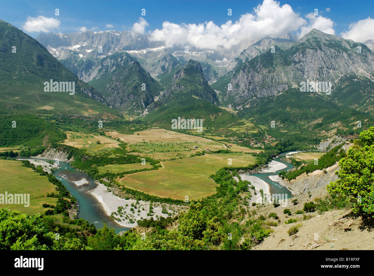 Vjosa or Aóos River, valley with Nemerck mountains, Albania, Europe Stock Photo