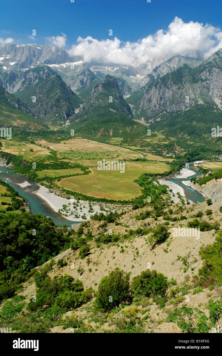Vjosa or Aóos river, valley with Nemerck Mountains, Albania, Europe Stock Photo