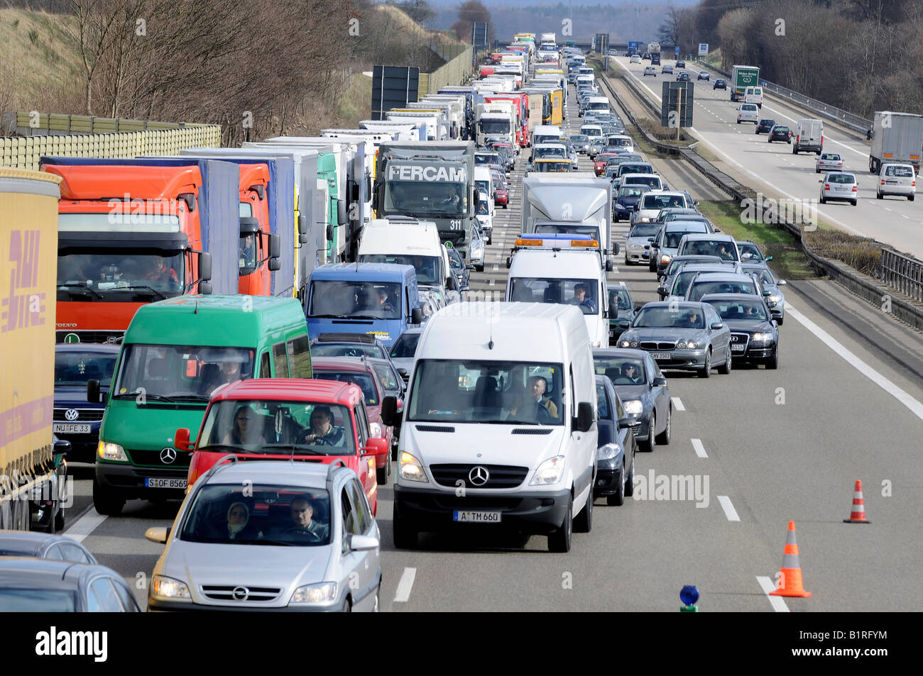 Traffic jam after a car accident on the A8 toward Karlsruhe, Denkendorf, Esslingen Region, Baden-Wuerttemberg, Germany, Europe Stock Photo