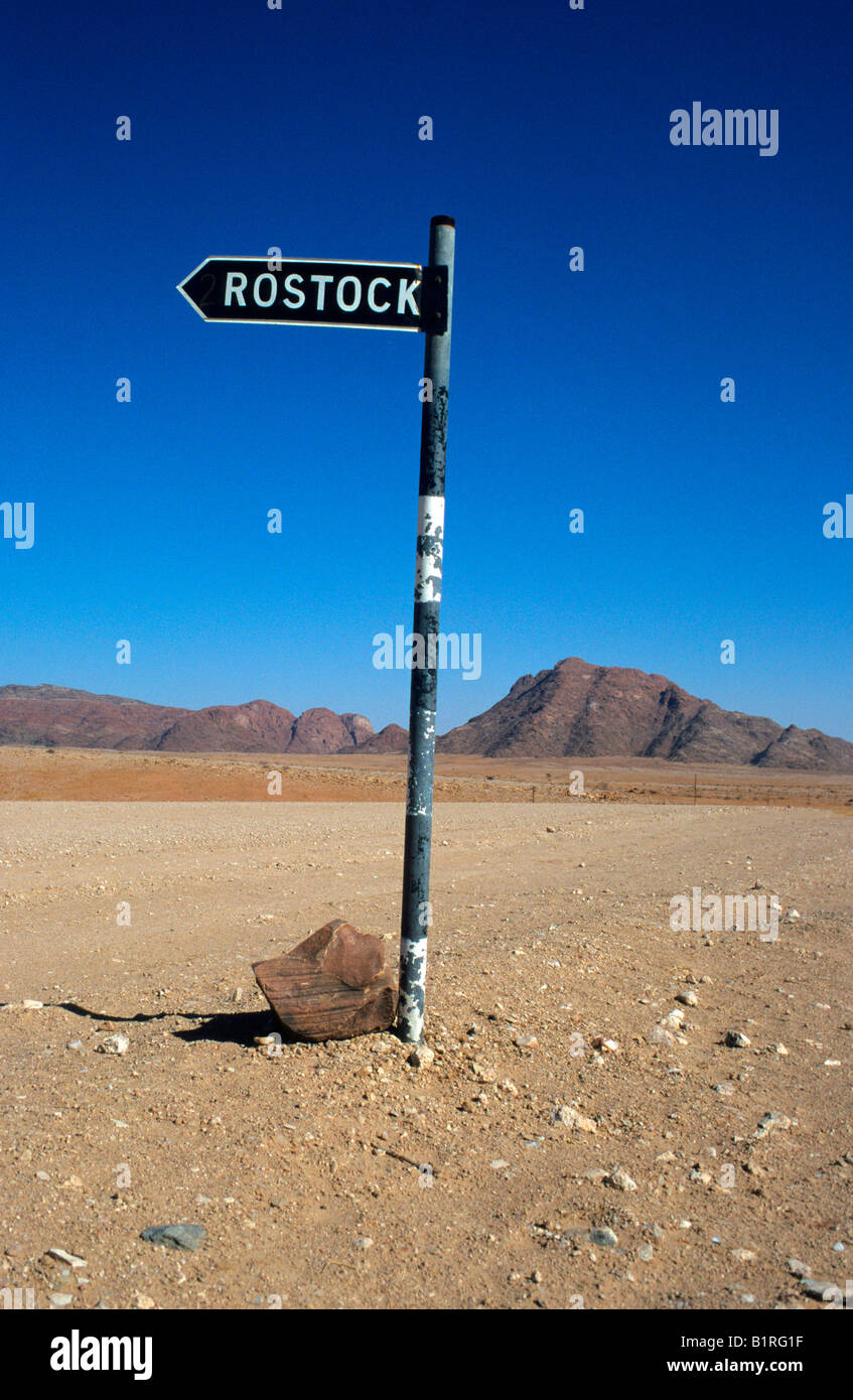Sign reading Rostock, Namib Desert, Namibia, Africa Stock Photo