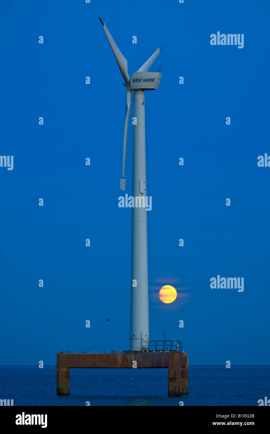 Wind turbine and full moon over the Baltic Sea, Sweden, Scandinavia, Europe Stock Photo