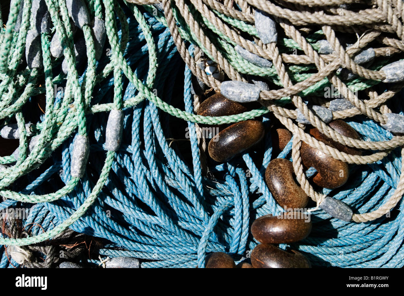 Green and blue fishing ropes, Majorca, Balearic Islands, Spain, Europe Stock Photo