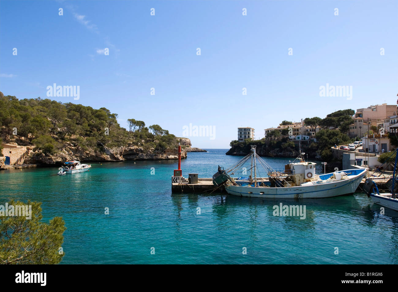Fishing boats in a bay, Cala Figuera, Majorca, Balearic Islands, Spain, Europe Stock Photo