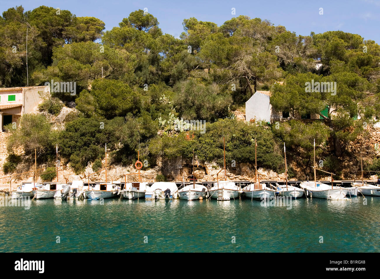 Cala Fuguera Bay, fishing boats in front of trees, Cala Figuera, Majorca, Balearic Islands, Spain, Europe Stock Photo