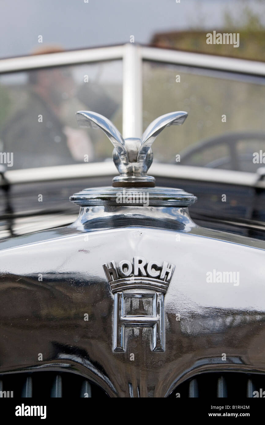 Hood ornament and logo, Horch 853, Auto Union, year of manufacture 1983, vintage car, a vehicle favoured by von Goering during  Stock Photo