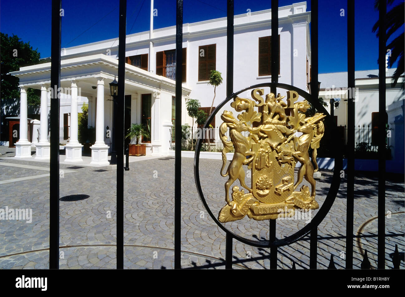 Golden emblem on the gate of the historic presidential palace, De Tuynhuis, Cape Town, Cape Province, South Africa Stock Photo