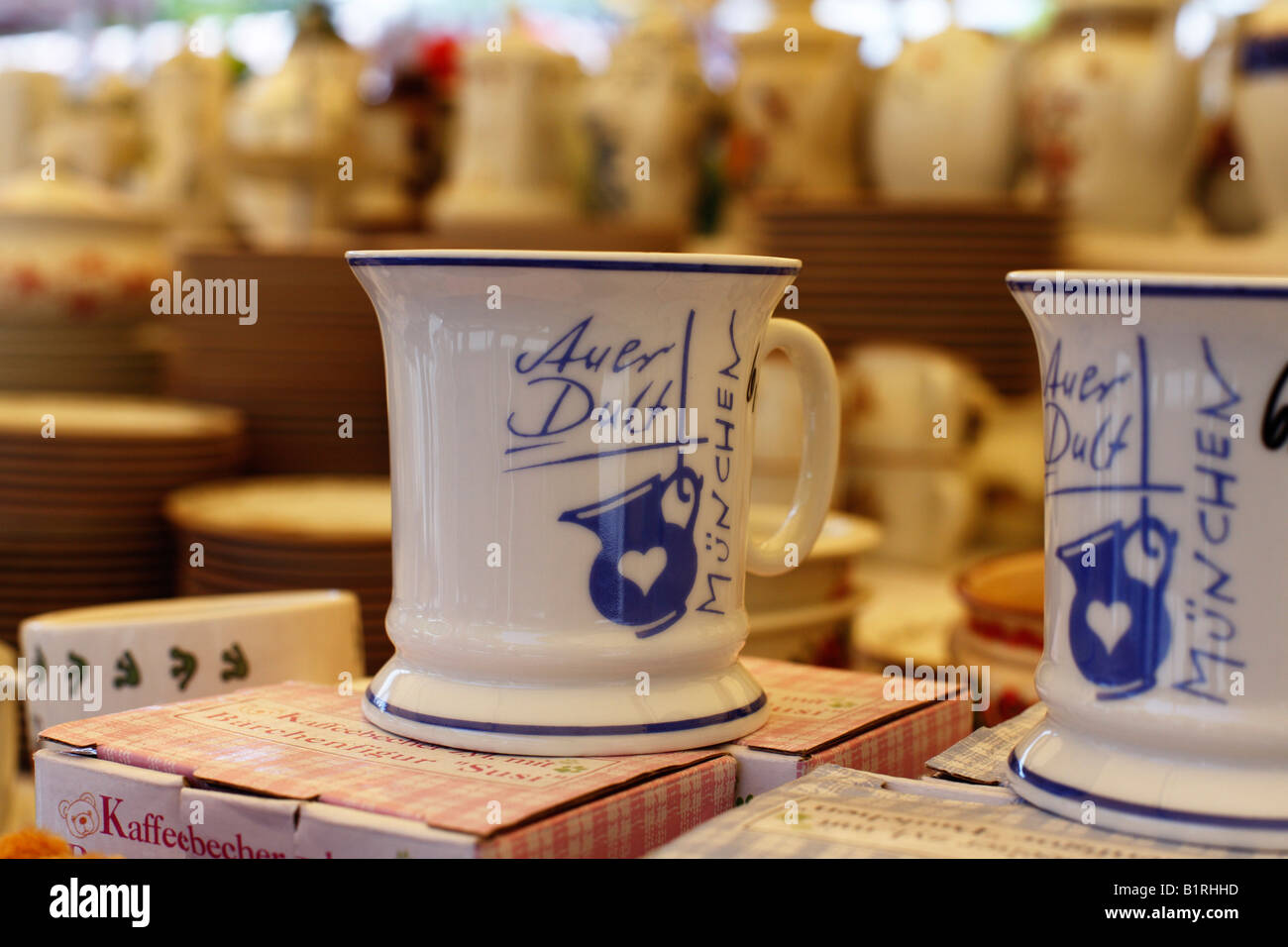 Painted mugs on Auer Dult market, Mariahilfplatz Square, Munich, Bavaria, Germany, Europe Stock Photo
